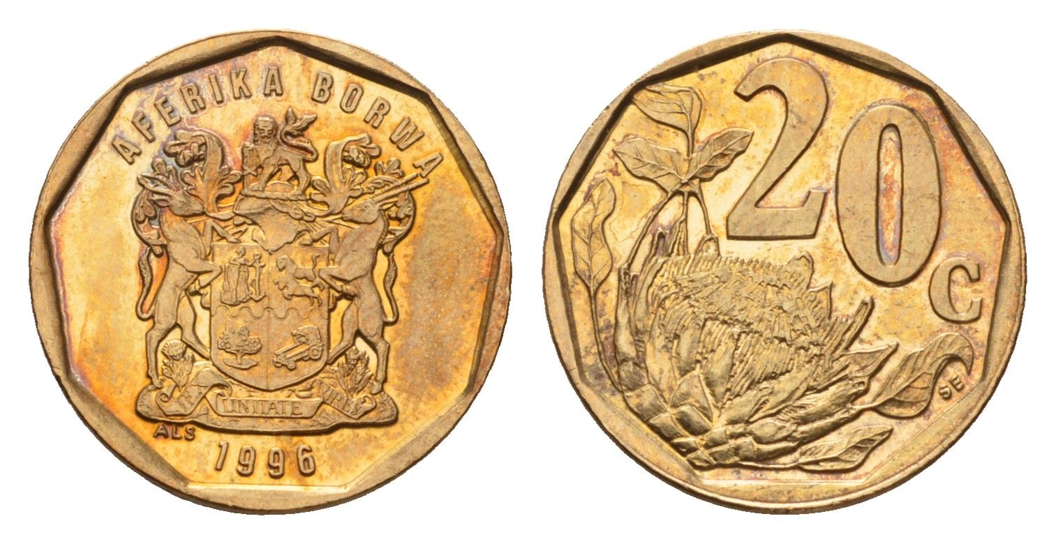 ЮАР 20 центов 1996 герб, цветок протея KM 162 сталь плакированная латунью UNC 4643-559