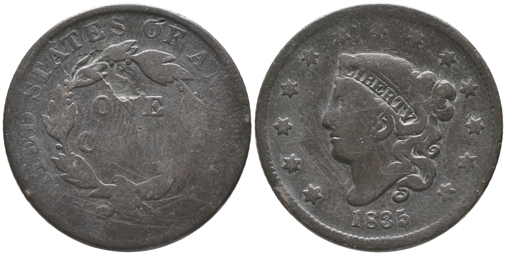 США 1 цент 1835 ROBERT SCOT, CORONET, LARGE CENTS, диаметр 28 мм. медь 272-1225