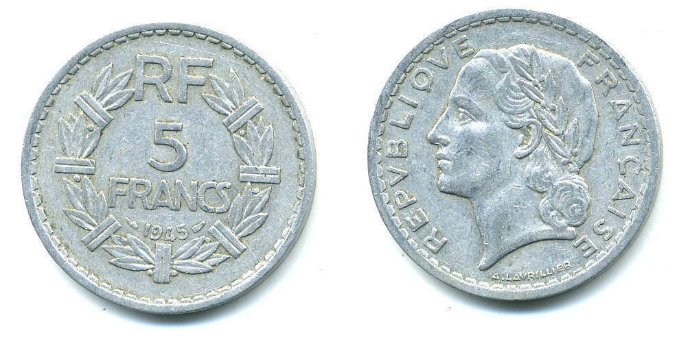 Франция 5 франков 1945 KM 888b.1, Le Franc 339.3 алюминий 47-245