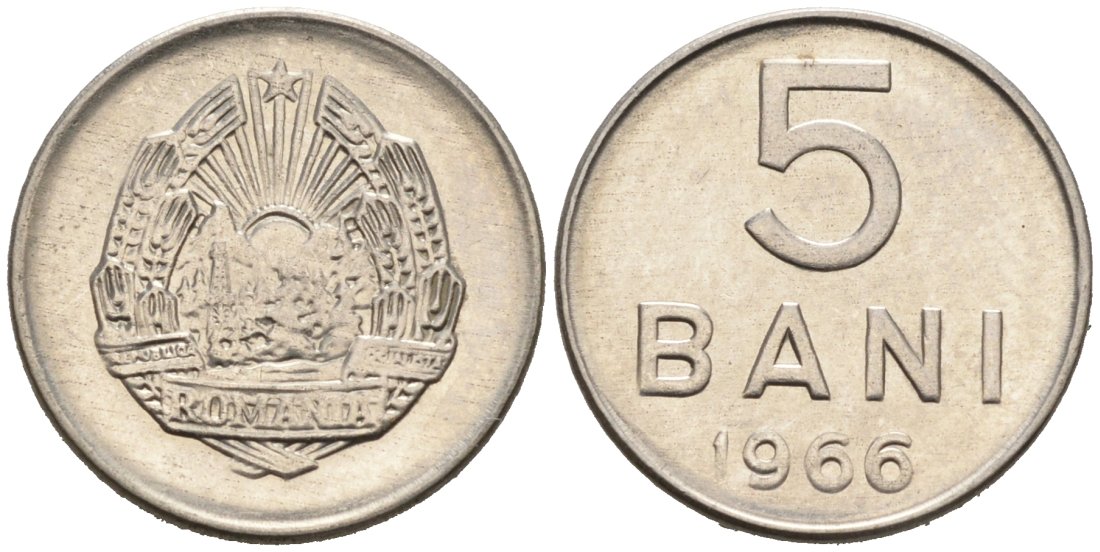 Румыния 5 бани 1966 год тип KM 92 сталь плакированная никелем 4564-643