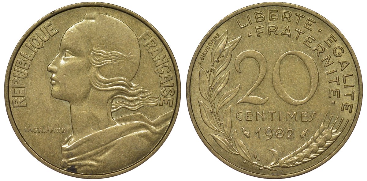 Франция 20 сантимов 1982 KM 930, Le Franс 156.22 медь алюминий никель 4122-145