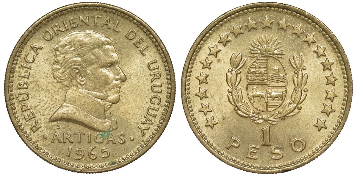 Уругвай 1 песо 1965 KM 46 алюминиевая бронза 34-424