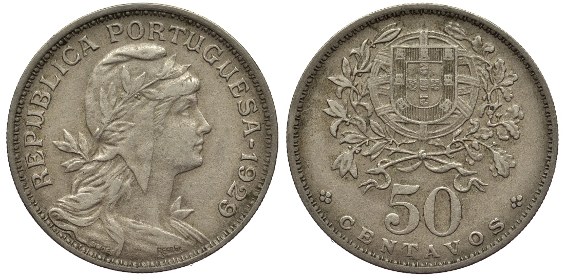 Португалия 50 сентаво 1929 KM 577 медно-никель XF 77-924
