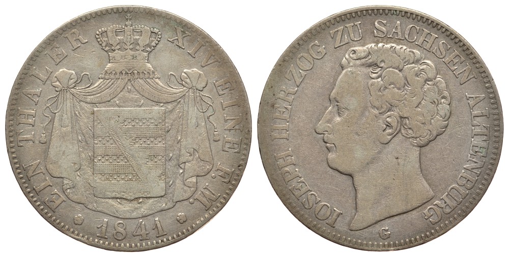 Саксен-Альтенбург 1 талер 1841 G, герцог Иосиф (1834-1848) KM 9, AKS 49, J. 107, Thun 354, Kahnt 480 серебро 00-822-23