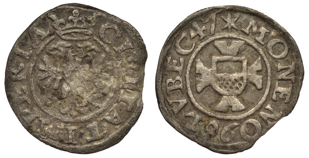 Любек зехлинг (6 пфеннигов) 1647 Behrens 449 серебро 1519-1534