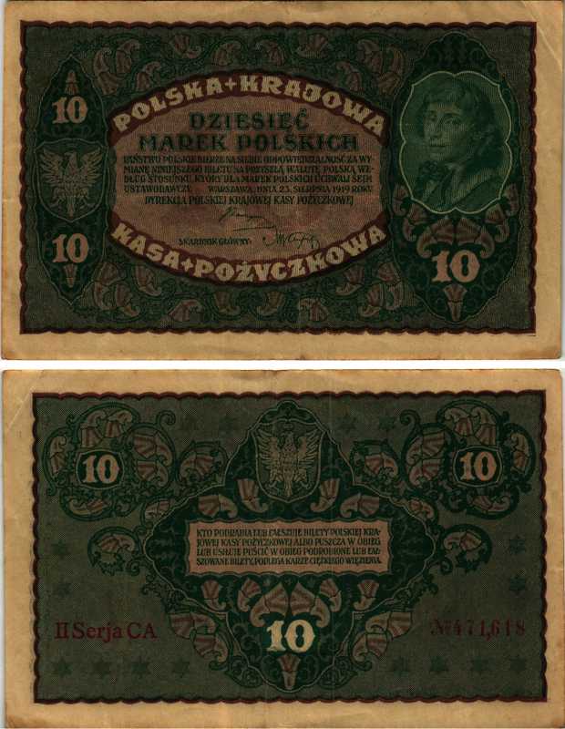 ПОЛЬША 10 МАРОК 1919 23 АВГУСТА 1919, ТРЕТИЙ ВЫПУСК, ТАДЕУШ КОСТЮШКО Pick 25 бумага VF-XF 7487-42-2-2