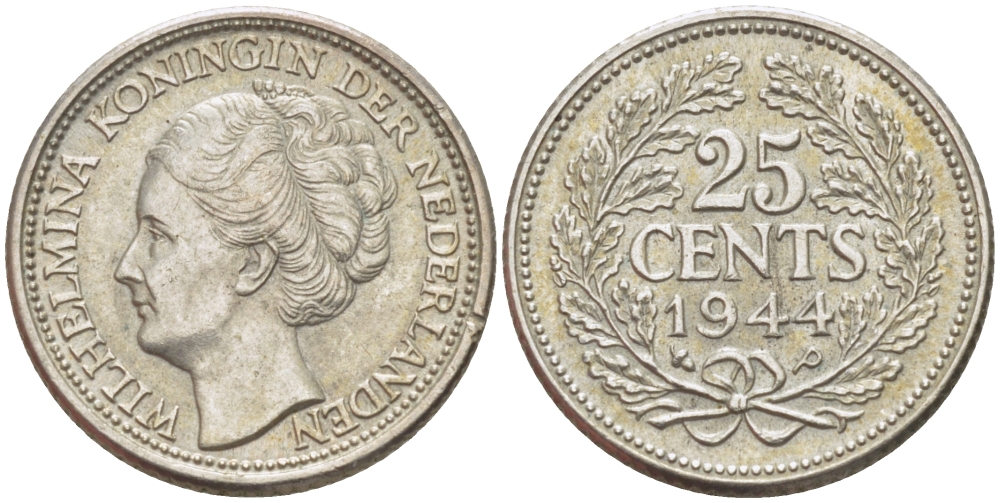 Нидерланды 25 центов 1944 Вильгельмина (1890-1948) KM 164 серебро aUNC 66-1161