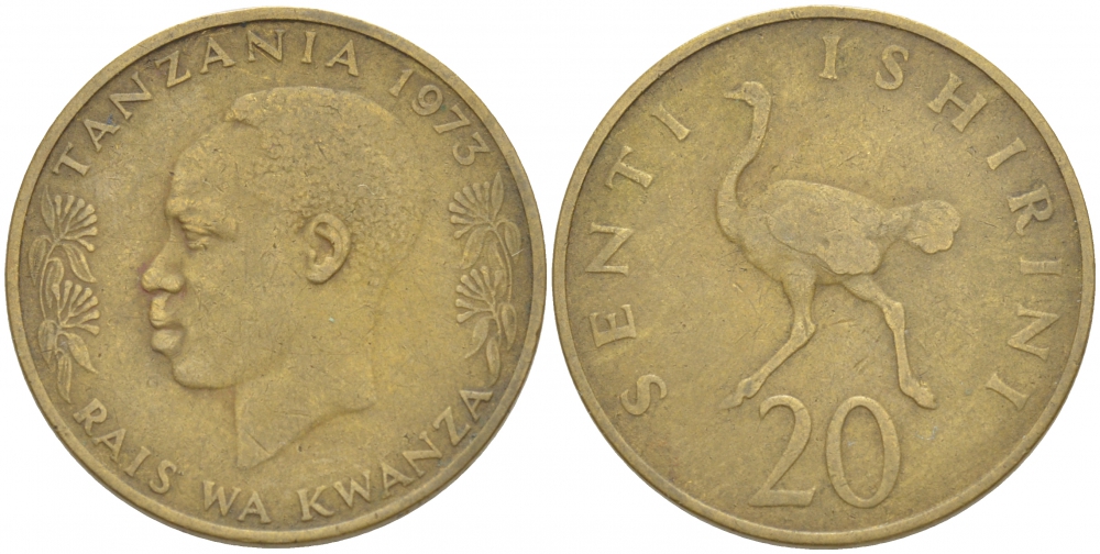 ТАНЗАНИЯ 20 СЕНТИ 1973 СТРАУС KM 2 никель латунь 4539-911