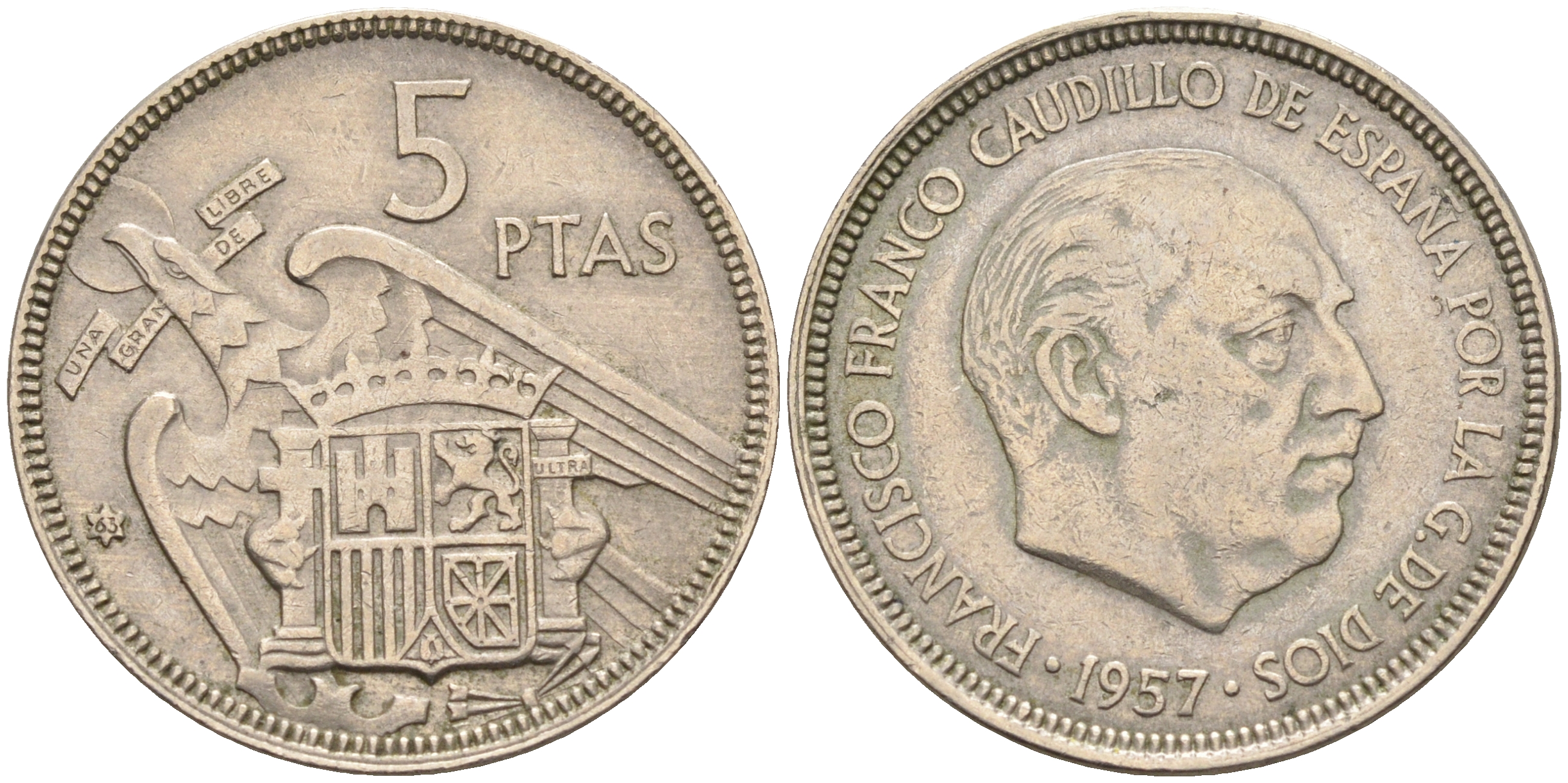 Испания 5 песет 1957 (63) Франсиско Франко (1939-1975) KM 786 медно-никель    4595-1021