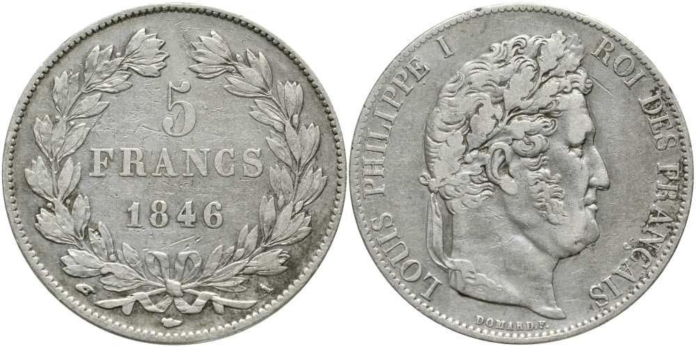 Франция 5 франков 1846 А, Луи Филипп I (1830-1848) KM 749.1, Le Franc 325.10 серебро    633-1125