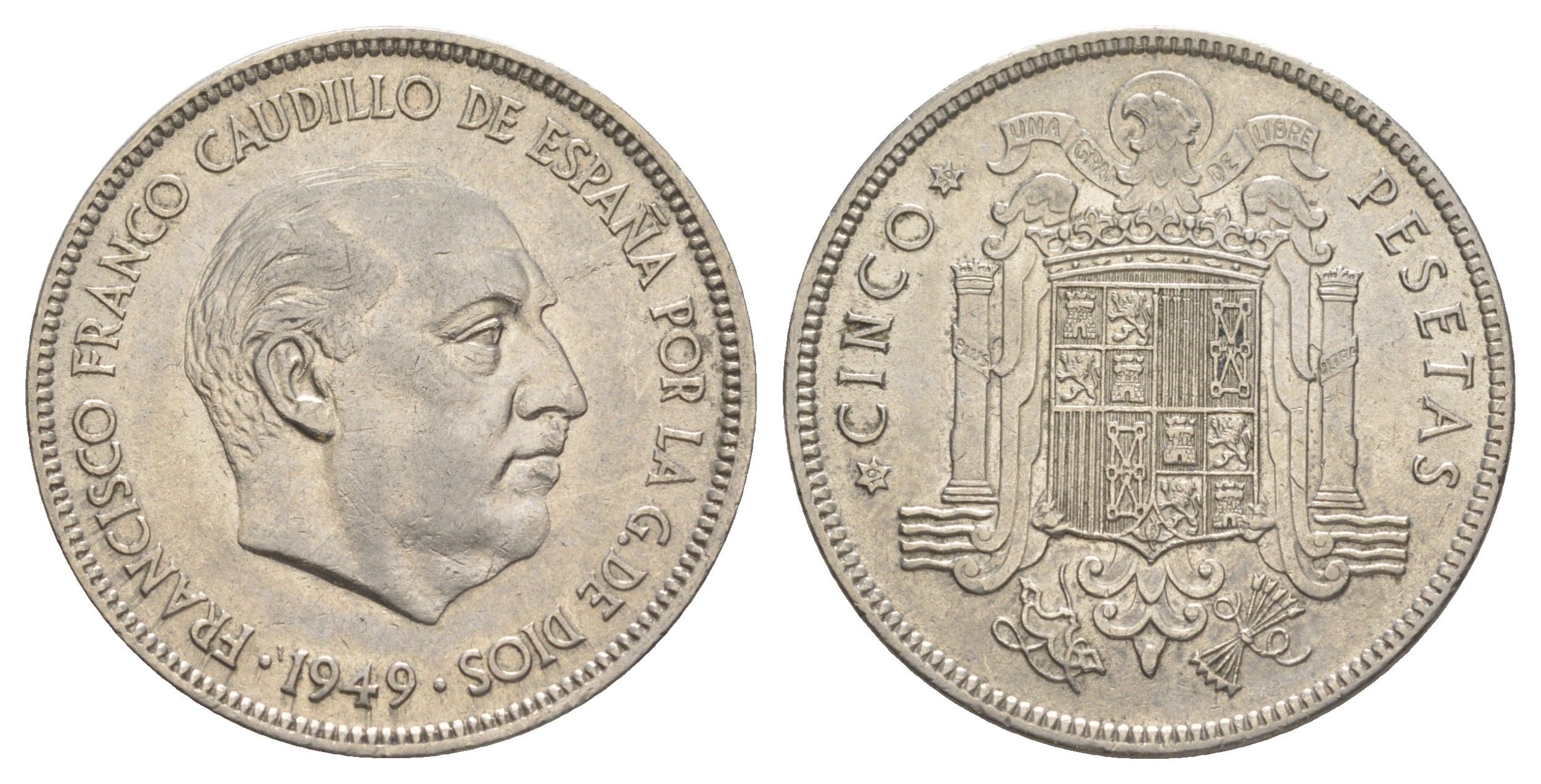 Испания 5 песет 1949 (50) Франсиско Франко (1939-1975) KM 778 никель aUNC 4645-323