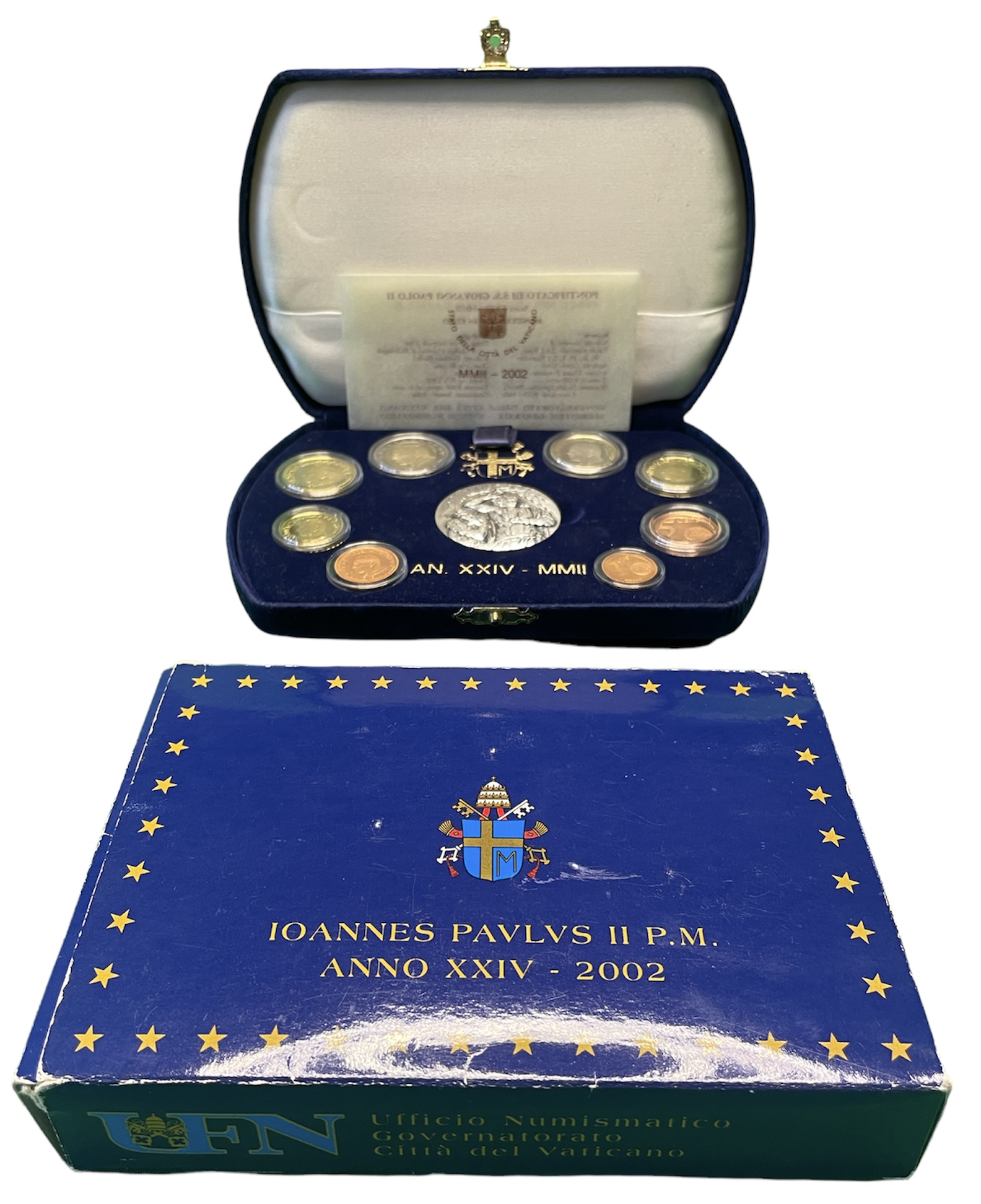 Ватикан евронабор из 8 монет + серебряная медаль 2002 Иоанн Павел II, очень редкий KM PS 15 биметалл PROOF 4-3-5-01-1