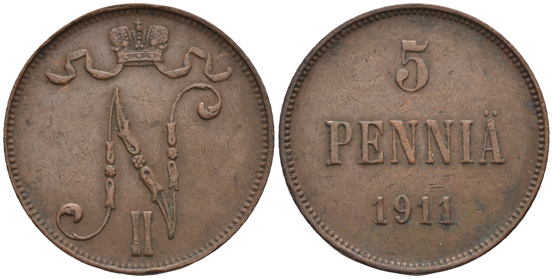 Россия для Финляндии 5 пенни 1911 Николай II (1894-1917) KM 15, Биткин 451 медь 85-327