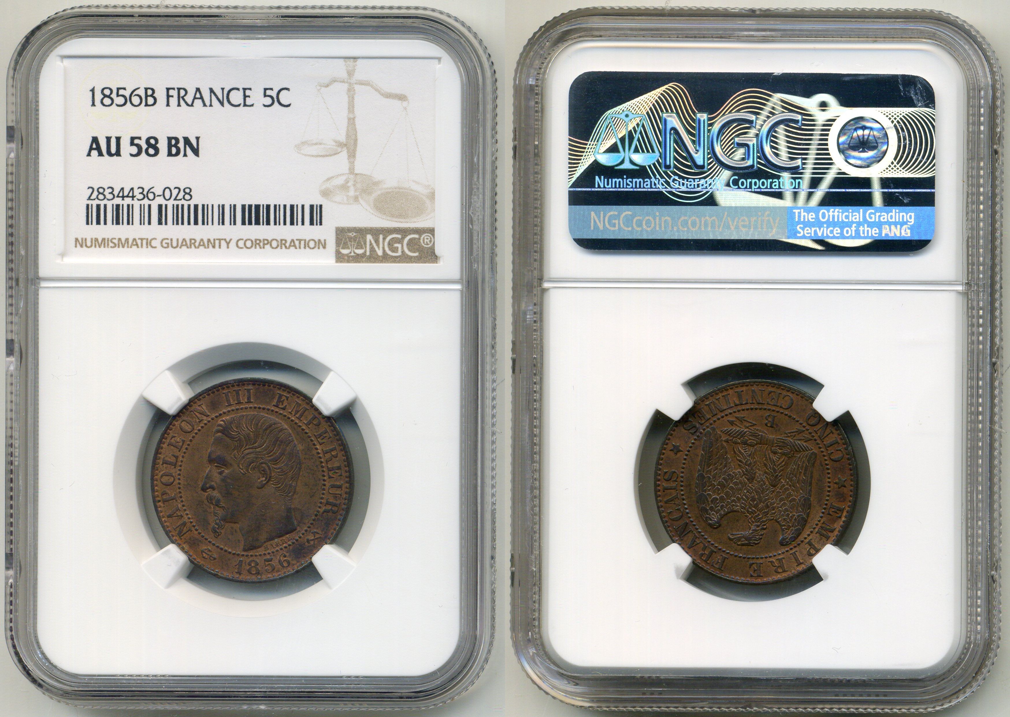 Франция 5 сантимов 1856 B, Наполеон III (1852-1870), в слабе NGC AU 58 BN KM 777.2, Le Franc 2014 116/31 бронза aUNC 15-004-14