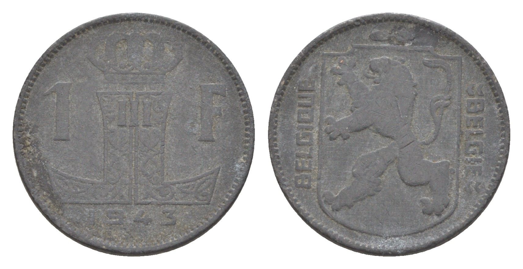 Бельгия 1 франк 1943 Belgie - Belgique, Леопольд III (1934-1947), германская оккупация, Вторая мировая война KM 127 цинк 4636-167