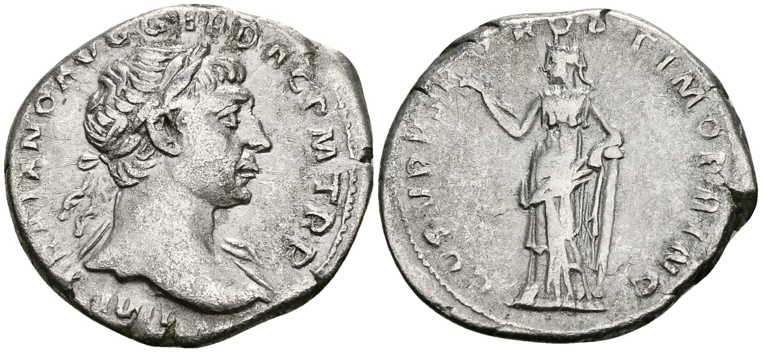 Римская Империя денарий 103 - 111 Траян COS V PP SPQR OPTIMO PRINC Фелицитата, персонификация Счастья Рим Very fine RIC 120 серебро 1073-4-4-2