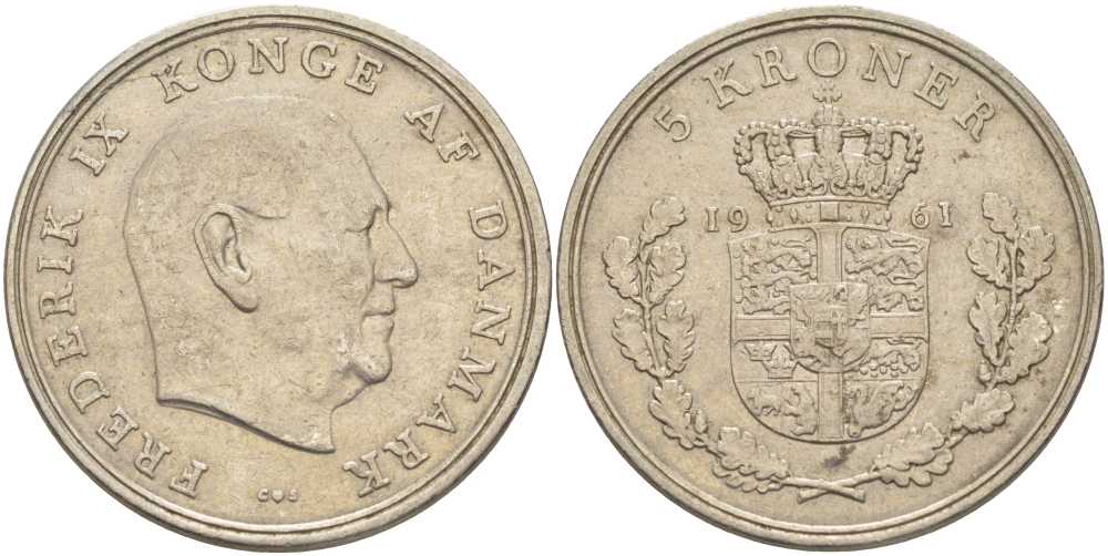 ДАНИЯ 5 КРОН 1961 C; S, ФРЕДЕРИК IX (1947-1972) KM 853.1 медно-никель 38-442