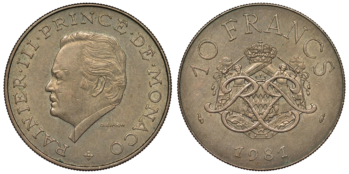 Монако 10 франков 1981 Ренье III (1949-2005) KM 154 медь алюминий никель 4680-213