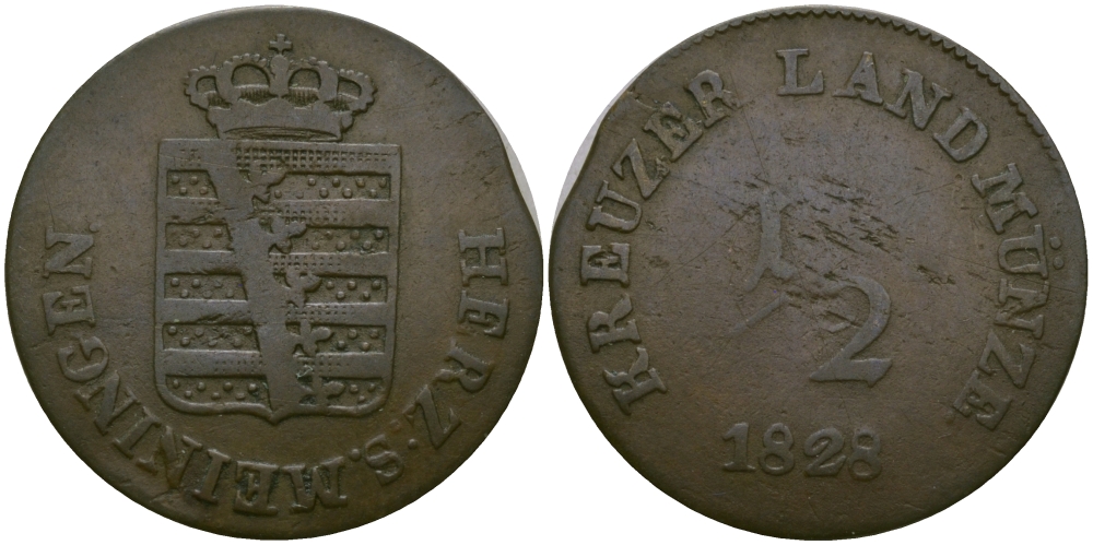 САКСЕН-МАЙНИНГЕН 1/2 КРЕЙЦЕРА 1828 KM 121 медь 65-621