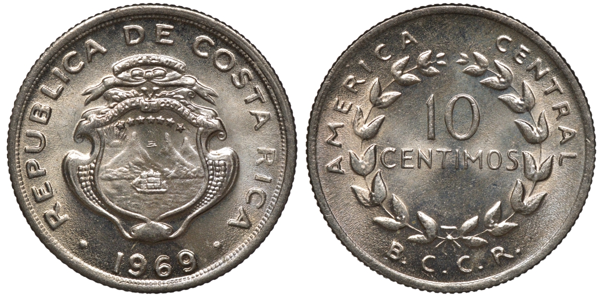 Коста-Рика 10 сентимо 1969 KM 185.2 медно-никель UNC M53-05