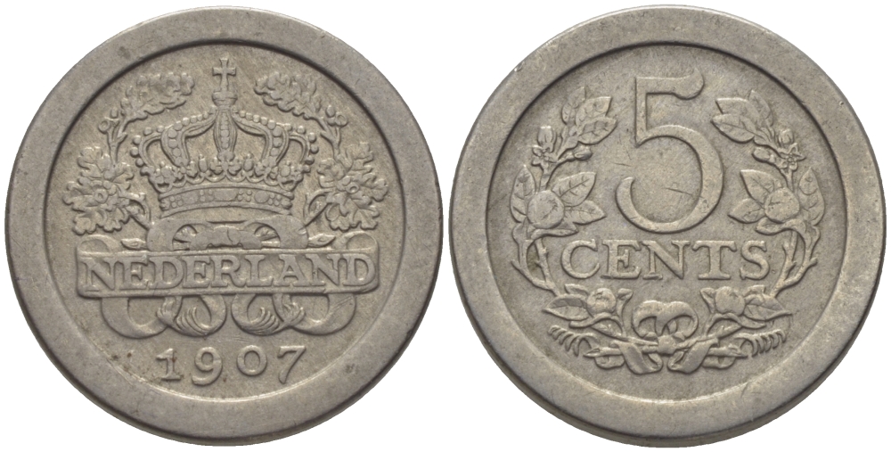 НИДЕРЛАНДЫ 5 ЦЕНТОВ 1907 ВИЛЬГЕЛЬМИНА (1890-1948) KM 137 медно-никель 100-114