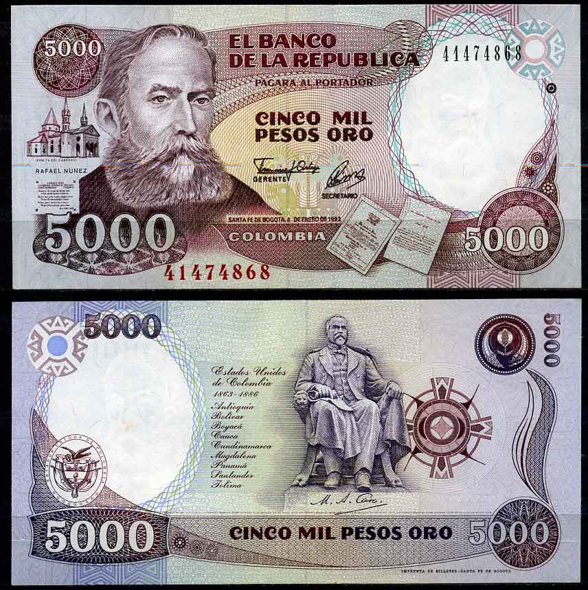 Колумбия 5000 песо 1993 Рафаэль Нунес, Мигель Антонио Каро Тобар Pick 436A бумага UNC (пресс)   447-23-3