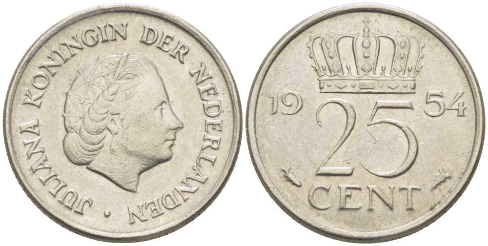 НИДЕРЛАНДЫ 25 ЦЕНТОВ 1954 ЮЛИАНА (1948-1980) KM 183 никель 214-921