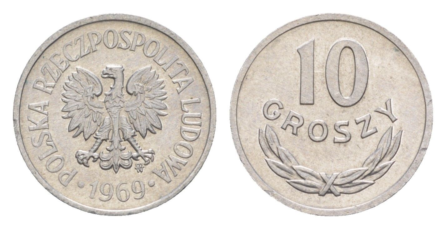 Польша 10 грошей 1969 Y AA47 алюминий UNC 4636-418