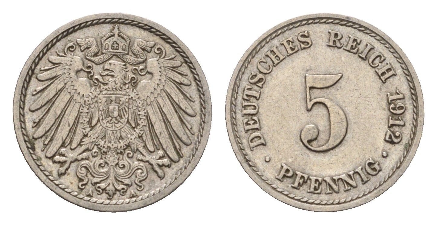 Германия 5 пфеннигов 1912 A, Вильгельм II (1888-1918) KM 11, J. 12 медно-никель 4636-246