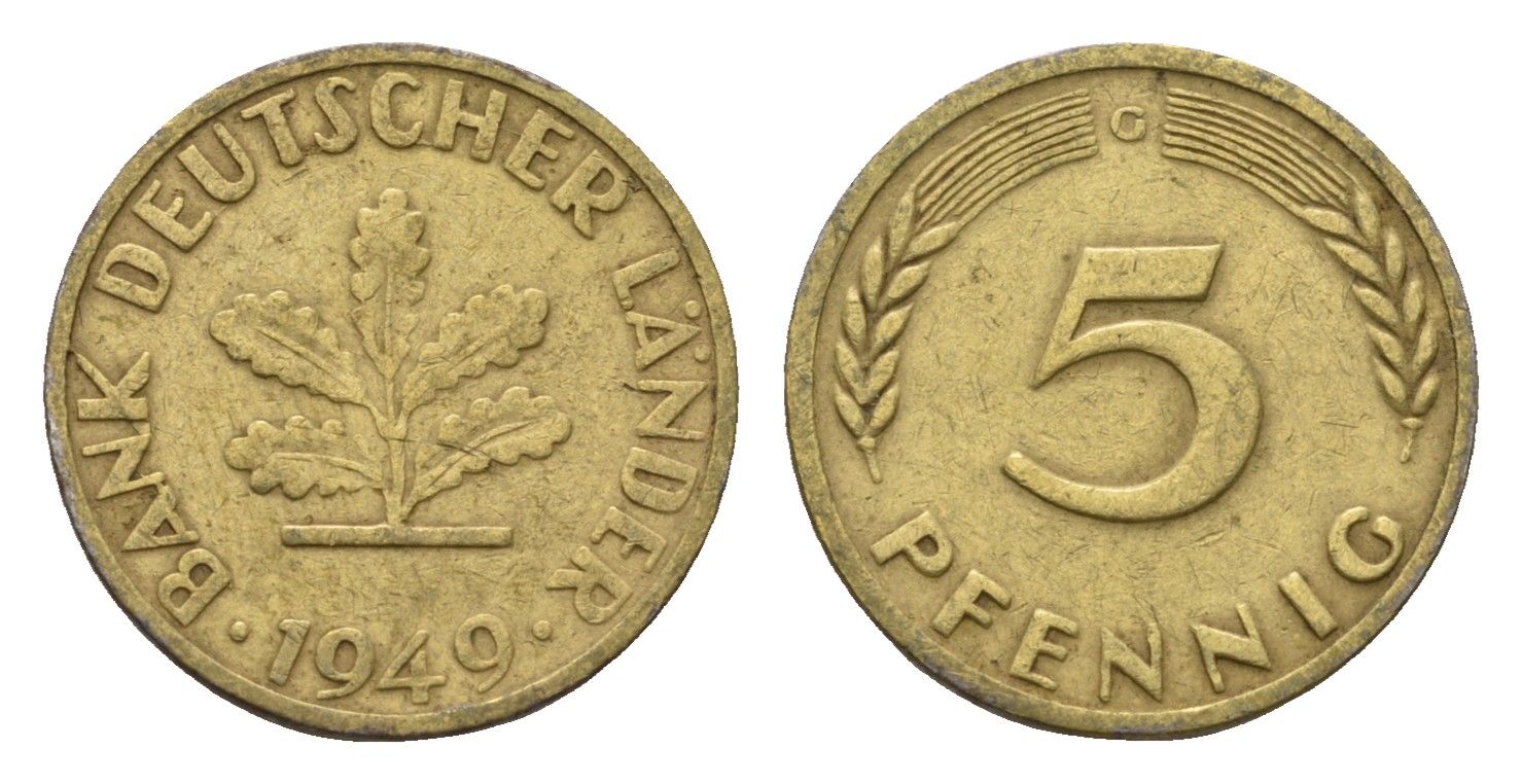 ФРГ 5 пфеннигов 1949 G KM 102, J. 377 сталь плакированная латунью 4685-368