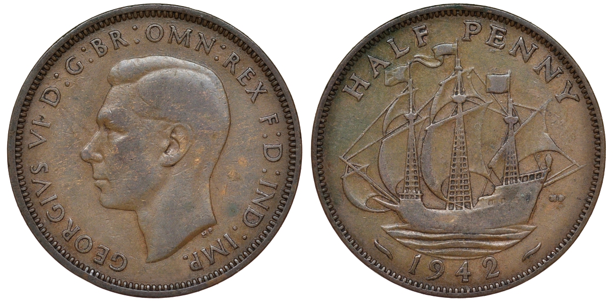 Великобритания 1/2 пенни 1942 Георг VI (1936-1952) KM 844, Spink 4115 бронза 62-1111