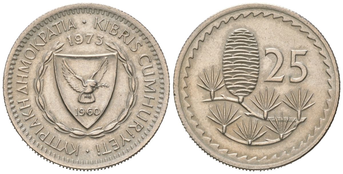 Кипр 25 милей 1973 KM 40 медно-никель UNC 3309-1138
