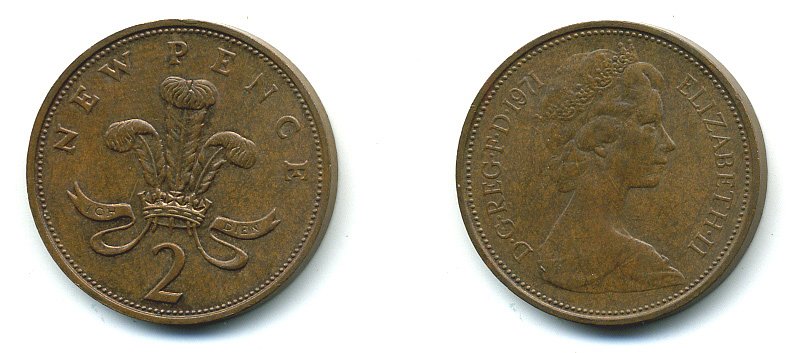 Великобритания 2 пенса 1971 Елизавета II (1952-2022) КМ 916, Spink 4235 (C1) бронза 4110-614