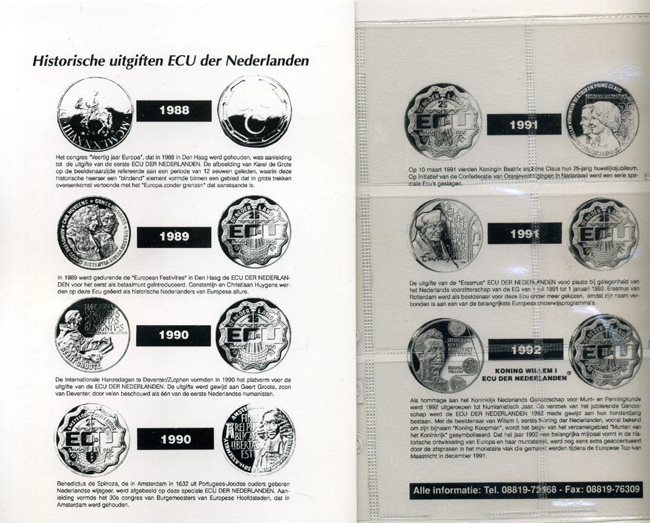 Нидерланды 10 экю 1992 в картонном буклете для коллекции экю, король Виллем I, расширение торговли со всеми странами, диаметр 39 мм, медно-никель UNC 3-6-4-36