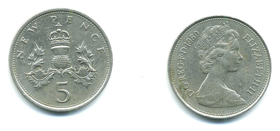 Великобритания 5 пенсов 1980 Елизавета II (1952-2022) KM 911, Spink 4233 (D1) медно-никель 540-522