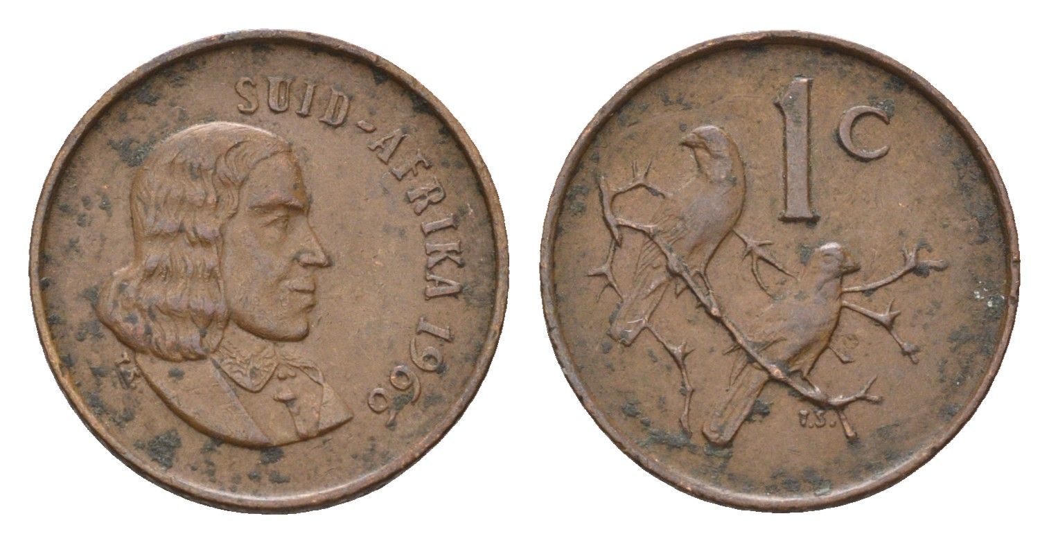 ЮАР 1 цент 1966 Ян ван Рибек (1619-1677), Suid Africa, легенда на африкаанс, капские воробьи KM 65.2 бронза 4669-1223
