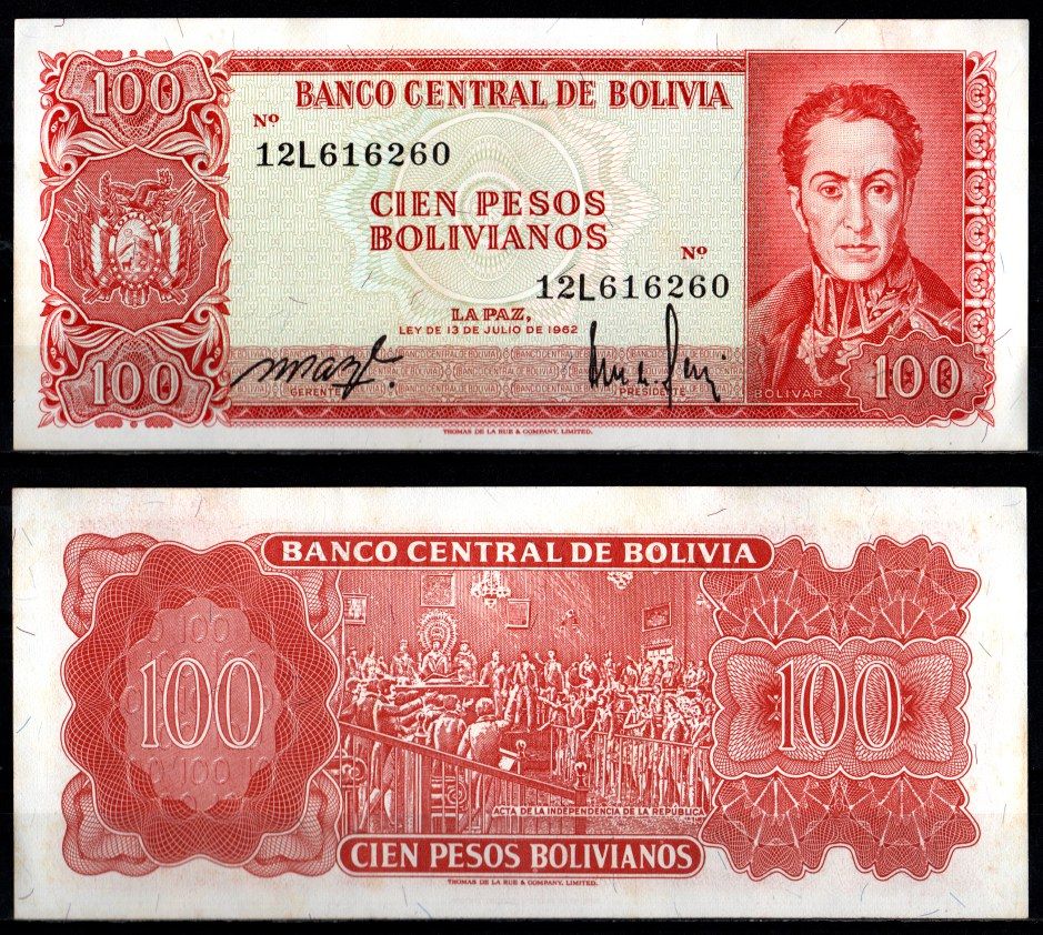 Боливия 100 боливиано 1962 Pick 163 a (14) бумага aUNC 6280-42-2-2