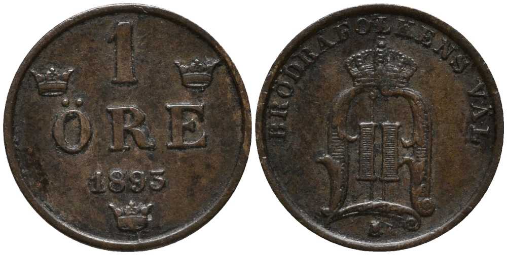 Швеция 1 эре 1893 Оскар II (1872-1907) король Швеции и Норвегии KM 750 бронза 201-1124