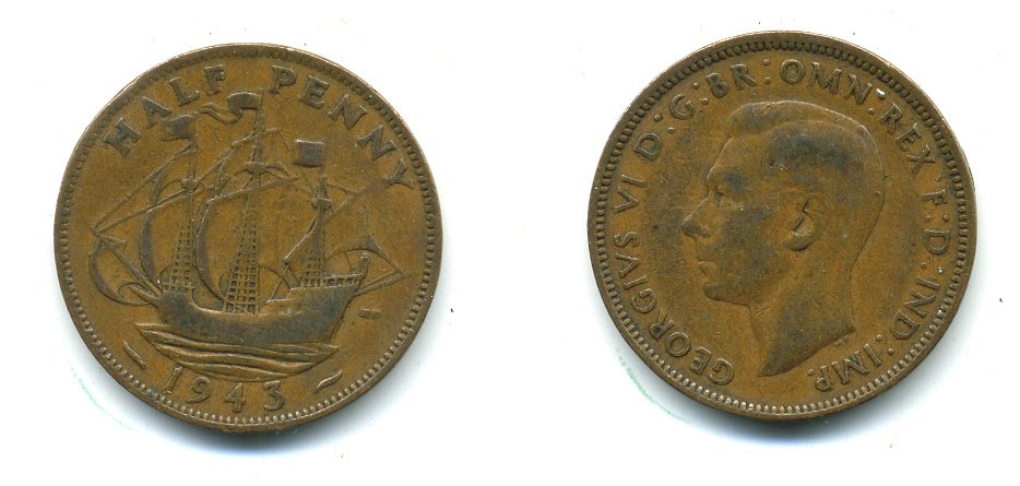 Великобритания 1/2 пенни 1943 Георг VI (1936-1952) KM 844, Spink 4115 бронза 540-435