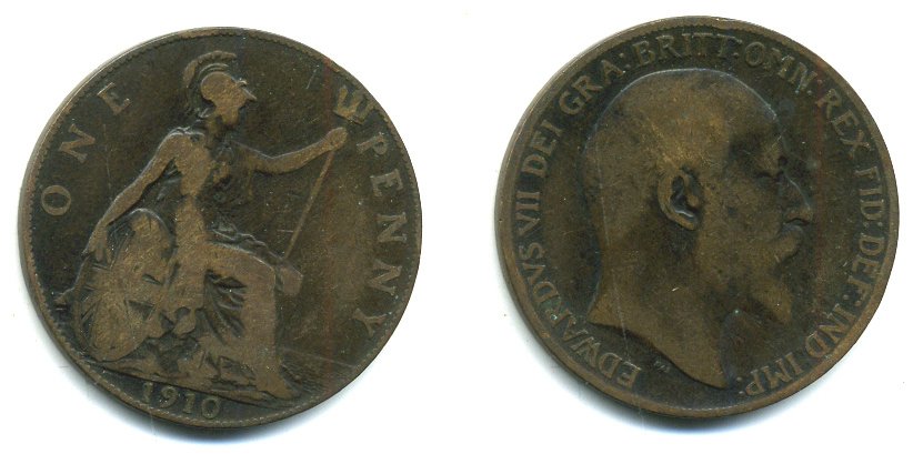 Великобритания 1 пенни 1910 Эдуард VII (1901-1910) KM 794.2, Spink 3990 бронза 47-822