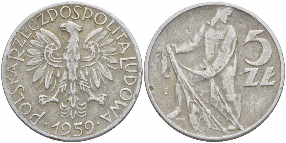 Польша 5 злотых 1959 MW, рыбак KM 47 алюминий 4179-1333