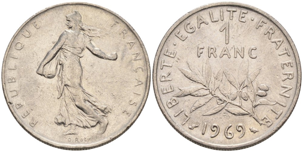 Франция 1 франк 1969 сеятель KM 925.1, Le Franc 226.14 никель 4390-116
