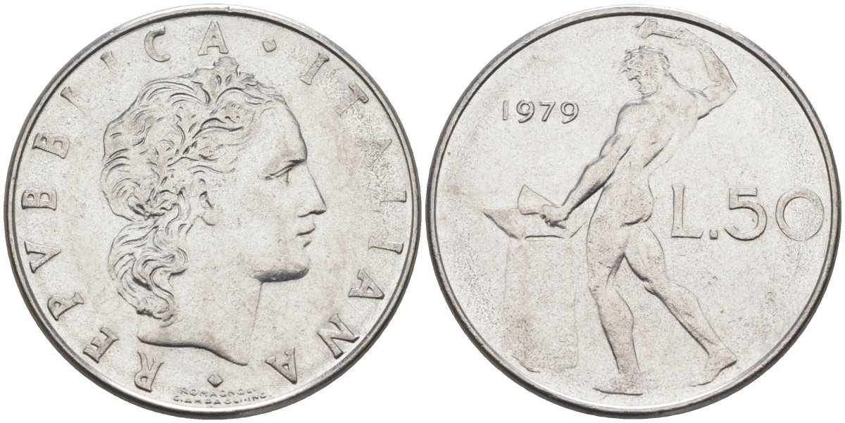 Италия 50 лир 1979 R, Бог огня Вулкан у наковальни KM 95.1 нержавеющая сталь 4525-1016