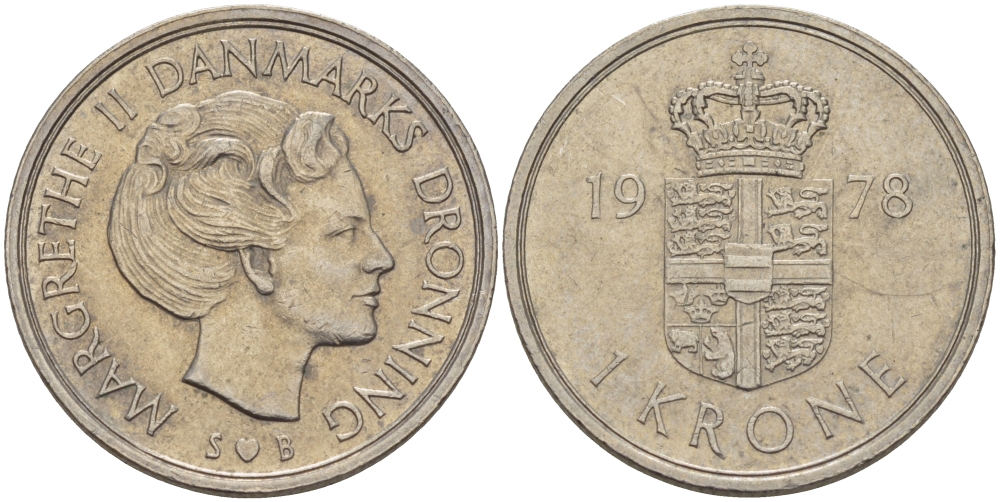 Дания 1 крона 1978 S; B, Маргрете II (1972-) KM 862.1 медно-никель 67-557