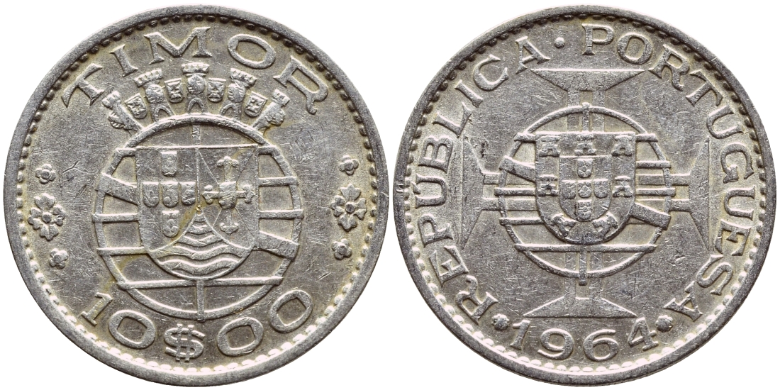 Португальский Тимор 10 эскудо 1964 год тип KM 16 серебро 4175-714