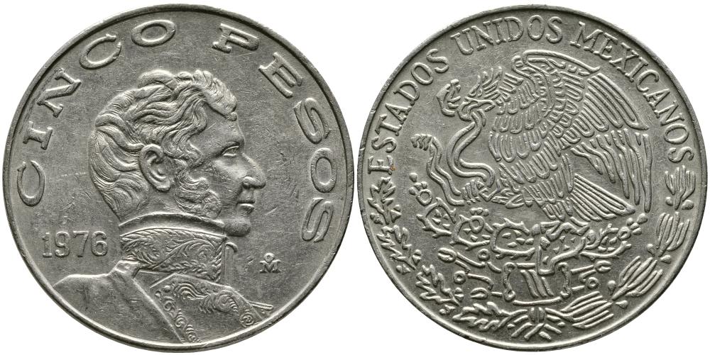 МЕКСИКА 5 ПЕСО 1976 ВИСЕНТЕ ГЕРРЕРО, LARGE DATE KM 472 медно-никель 114-1032