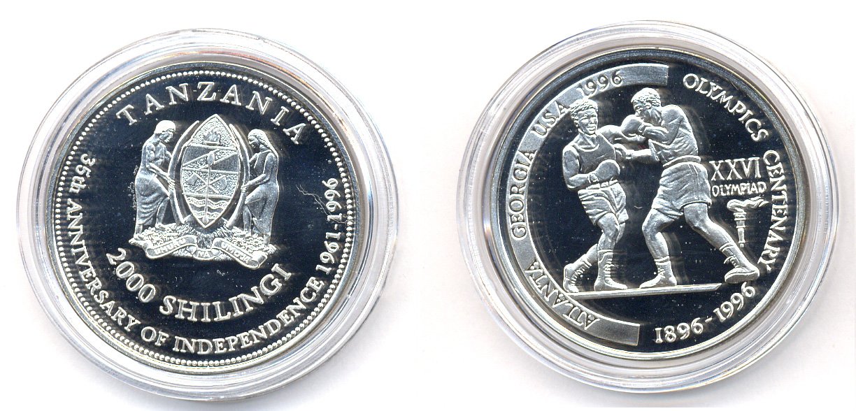 Танзания 2000 шиллингов 1996 XXVI Олимпийские игры 1996 года в Атланте, 100 лет Олимпийскому движению, боксеры, пробник, рубчатый гурт серебро PROOF 06-157-32