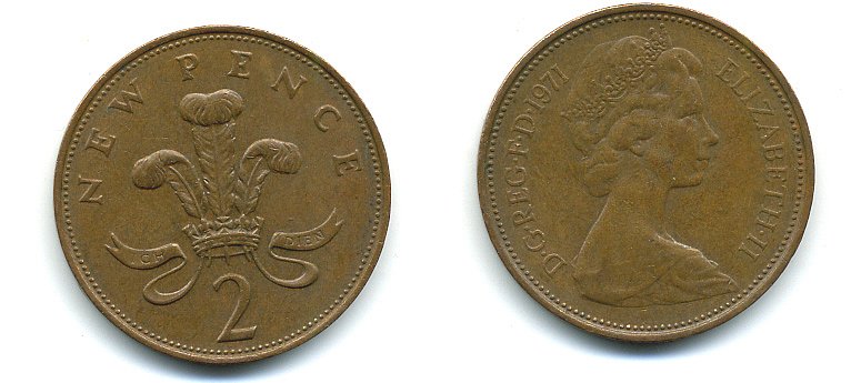 Великобритания 2 пенса 1971 Елизавета II (1952-2022) КМ 916, Spink 4235 (C1) бронза 4110-545