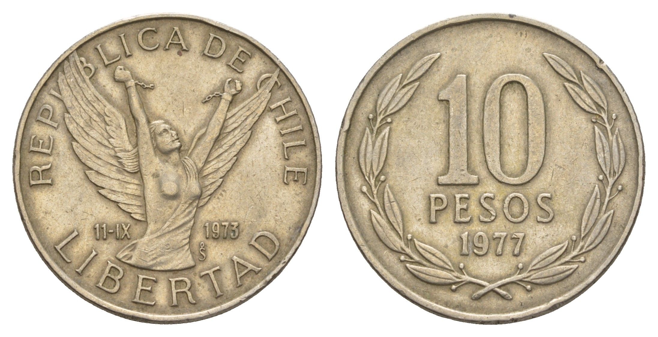 Чили 10 песо 1977 KM 210 медно-никель 4656-1032