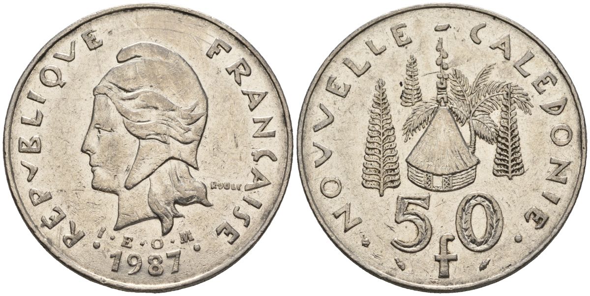 Французская Новая Каледония 50 франков 1987 хижина среди сосен и пальм, (IEOM) KM 13, Schoen 15, Lec 121 никель 4120-715
